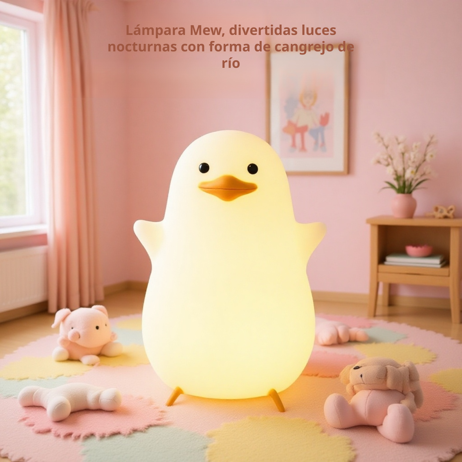 Lámpara de ambiente con forma de pato encendida en dormitorio