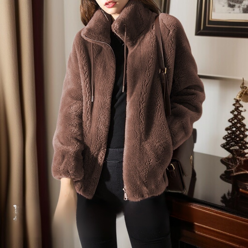 양면 산호 플리스 스탠드 칼라 따뜻한 카디건