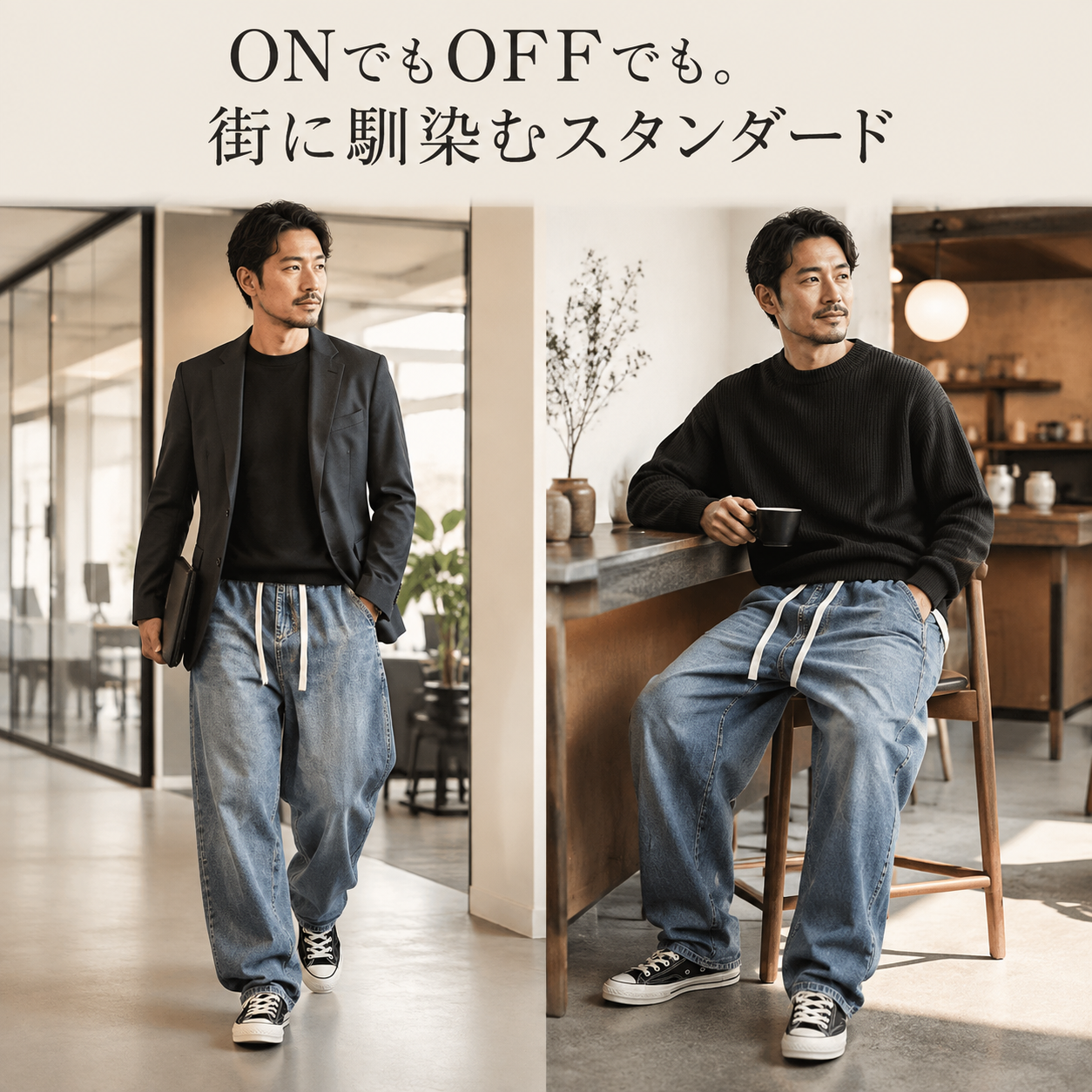春秋メンズルーズヴィンテージ加工ジーンズ