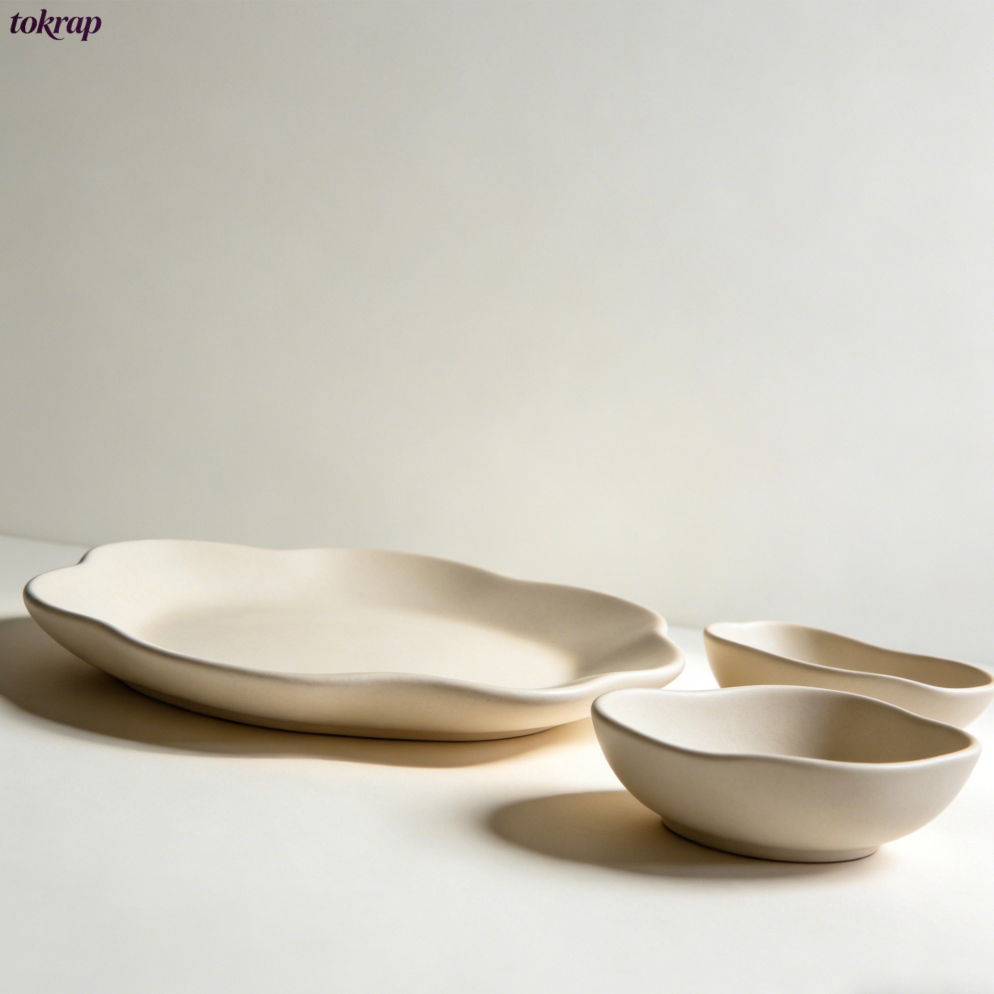 花びら縁の陶器製食器セット全体写真