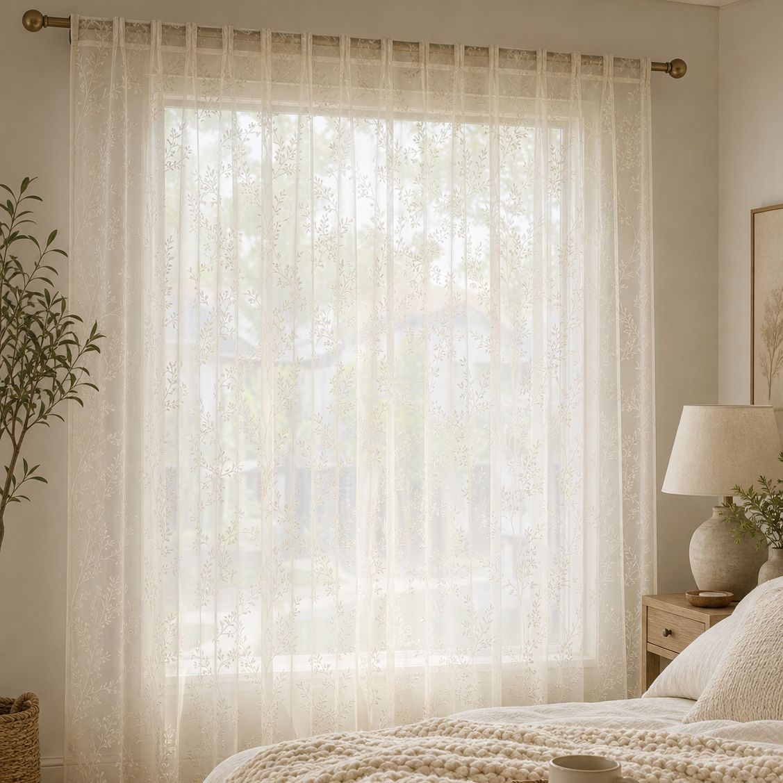 Minimalist Style Tree Branch Blackout Curtain and Transparent Sheer