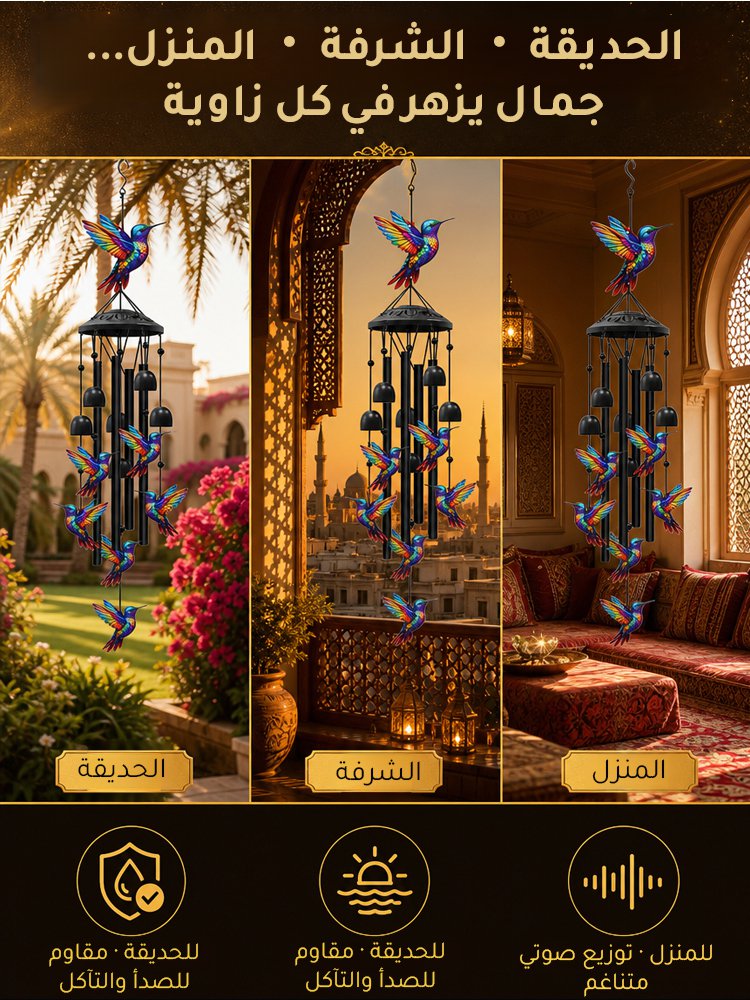 واحة ملكية فاخرة - أجراس الرياح الملونة بتصميم "طائر الطنان" للاستشفاء بالصوت بتردد 432 هرتز