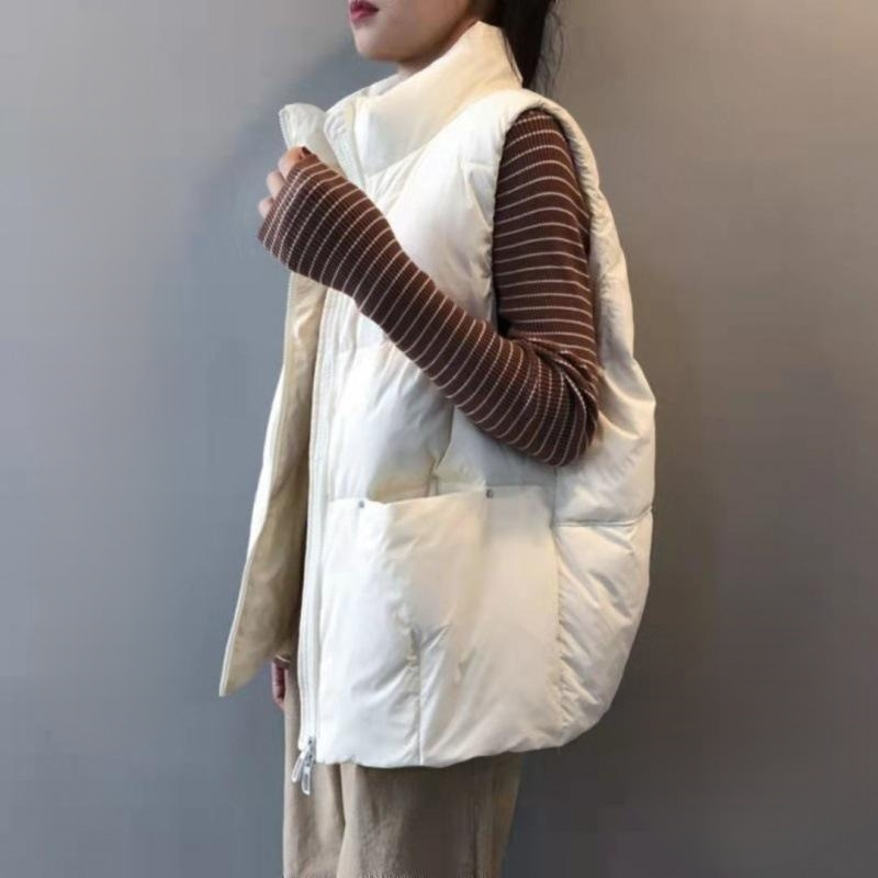 여성 루즈핏 쇼트 나시 화이트 오리털 조끼 가을 겨울 코트 조끼 패딩 베스트