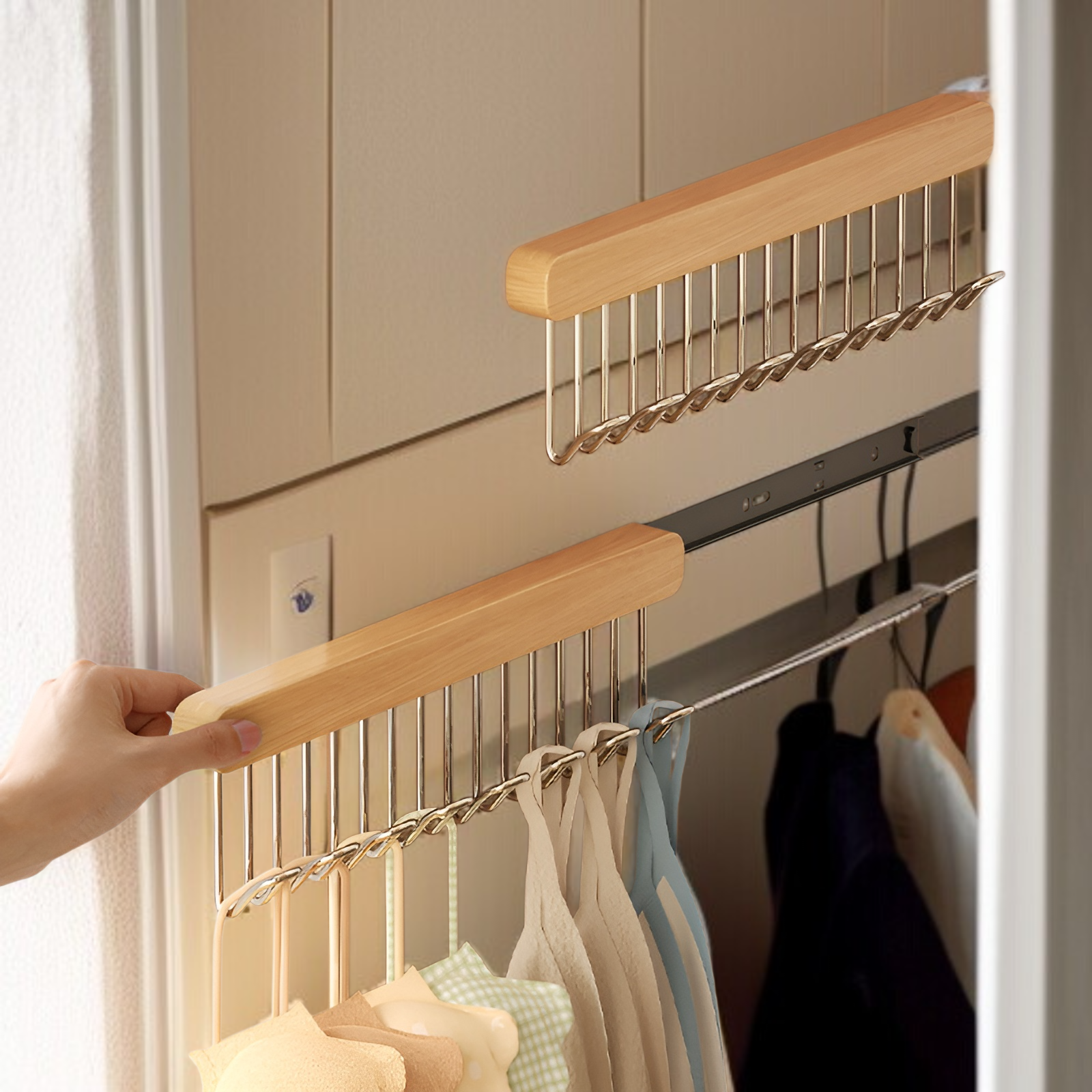 サスペンダーフックハンガー家庭用多機能ウェーブハンガー引き出し式下着ベストハンガー無垢材