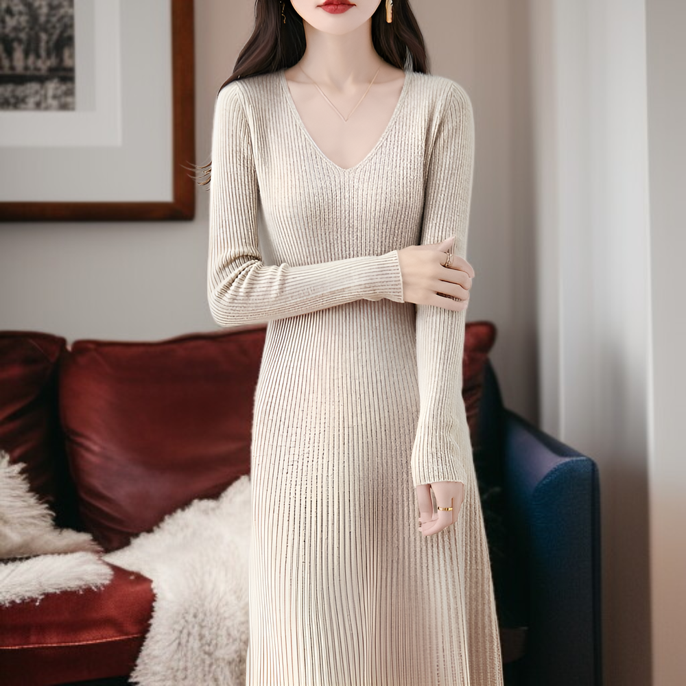 【Brelia-jp】2025年秋冬 Vネックニットワンピース レディース エレガントで着痩せ効果抜群 無地ロングワンピース コートとの重ね着にも