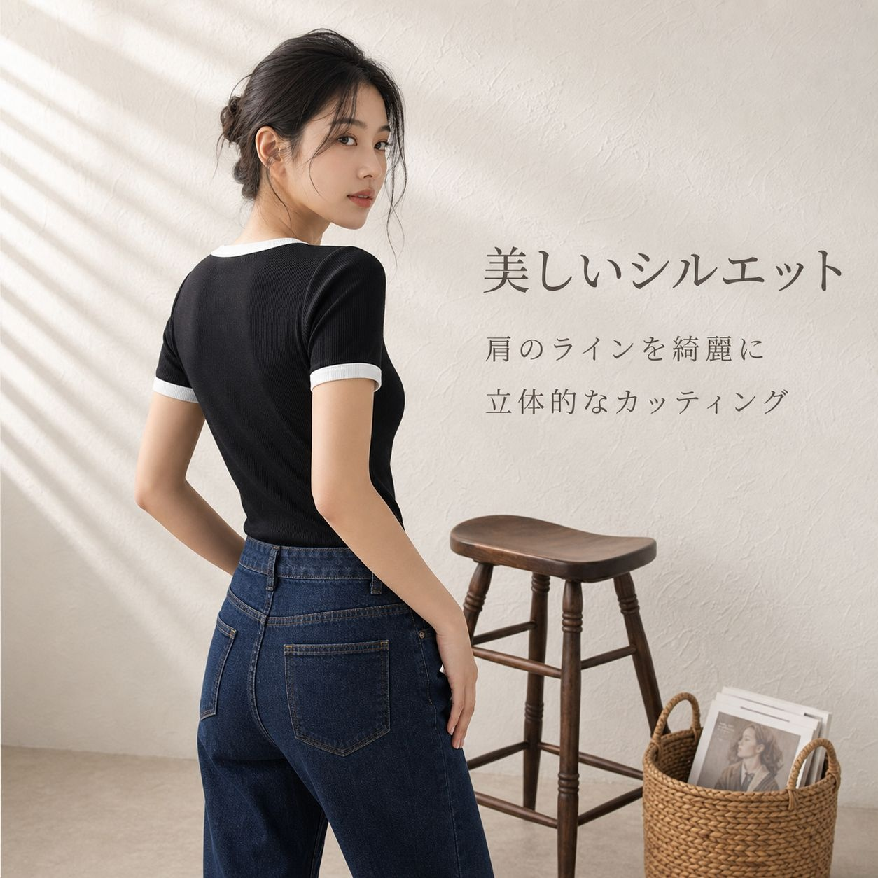 フレンチスタイルバイカラーラウンドネック半袖Tシャツ レディース 夏 コットン風インナー