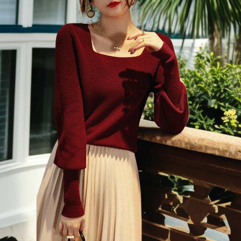 ジャンパー女性気質ニットボトムシャツスクエアネックランタンスリーブニットウェアエレガントなインナートップス
