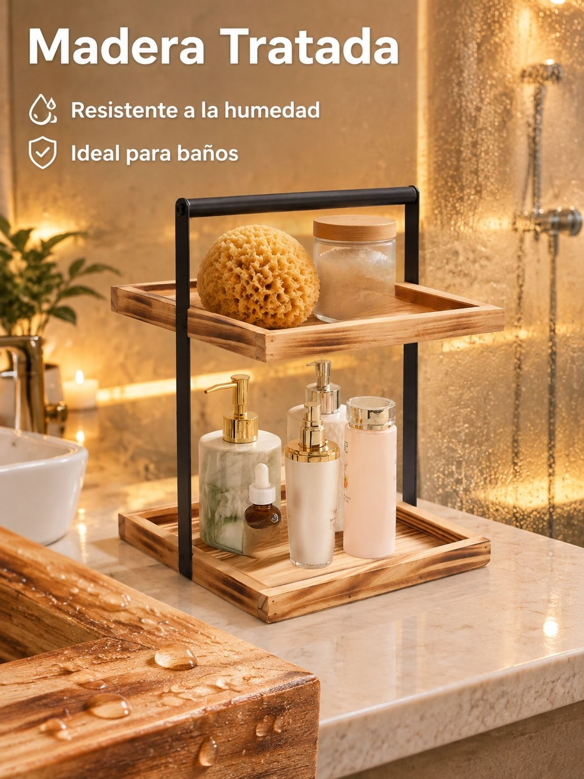 Organizador de baño combinado con estructura de hierro y repisas de madera