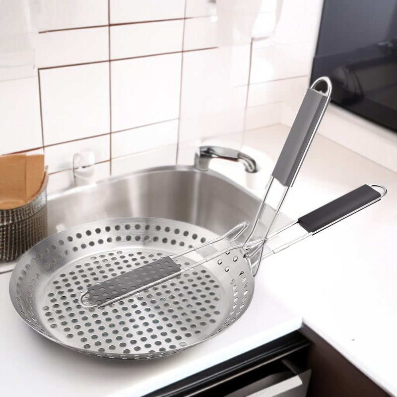 휴대용 Bbq 불판 야외 접이식 야채판 원형 펀칭 불판 나무 손잡이 야외 바베큐 접시