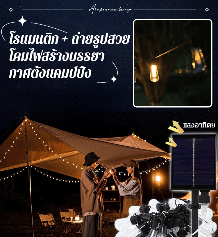 โคมไฟโซลาร์เซลล์ตกแต่งสวนลานบ้านกลางแจ้งและแคมป์ปิ้ง