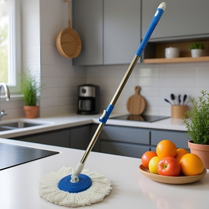 リビングルームで使用中の円形マジックモップ