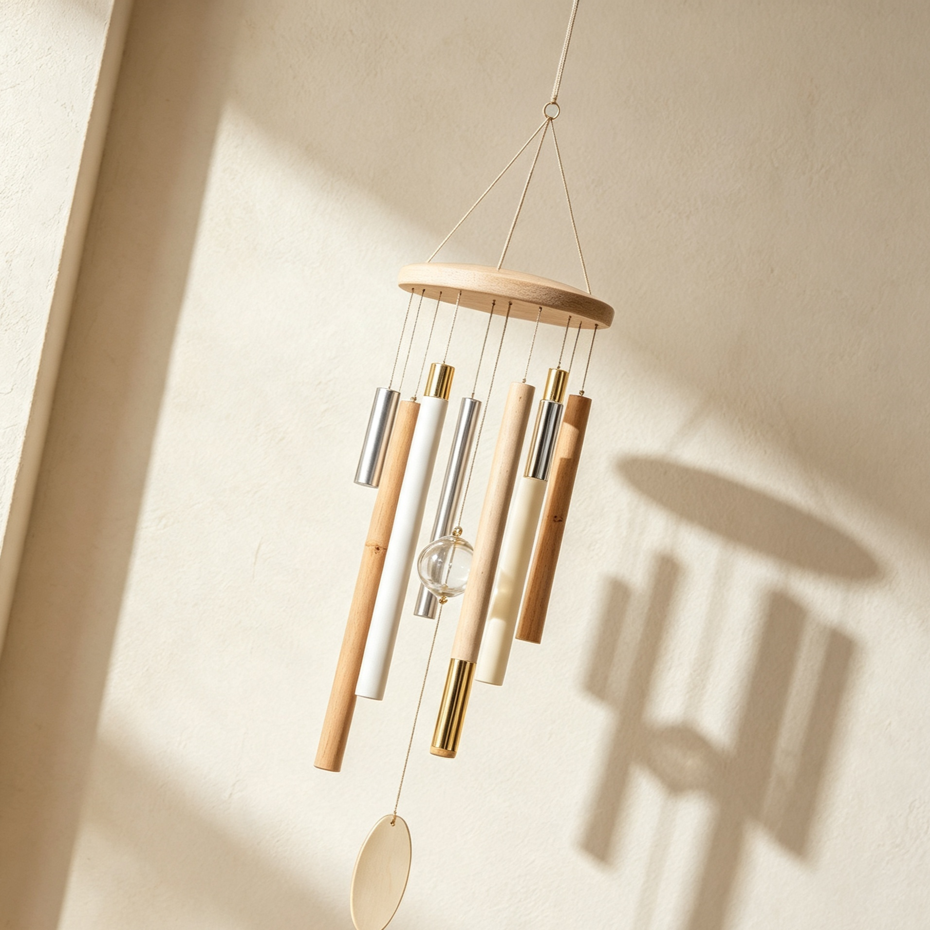 Metal wind chime rods creating soothing sounds in the garden