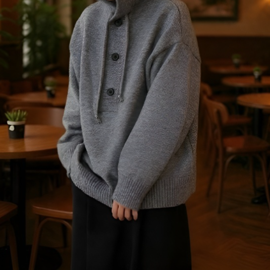 カジュアルでリラックスしたスタイルのニットフード付きプルオーバーセーター