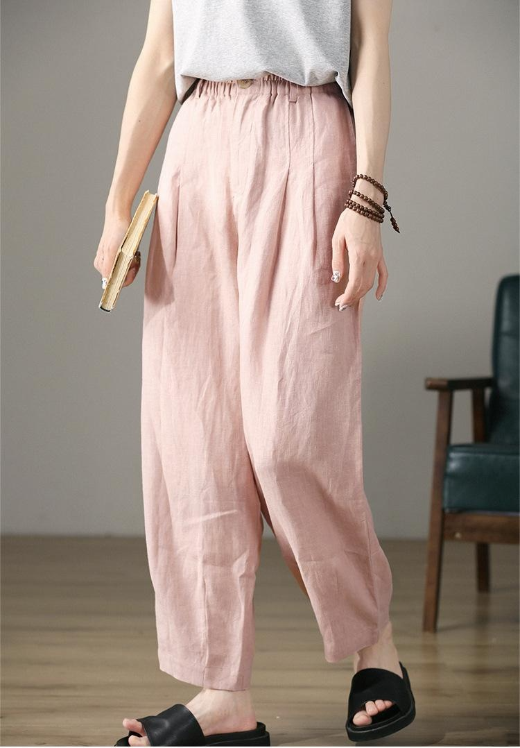 면과 마 혼방 소재의 핑크 9부 여성 바지