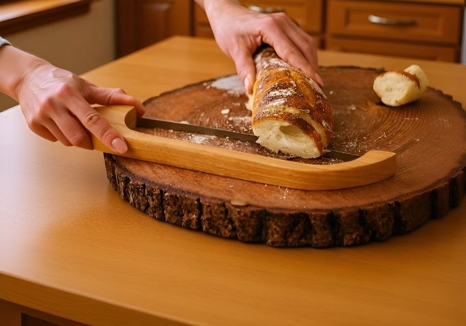 High-quality wooden bread knife on cutting board