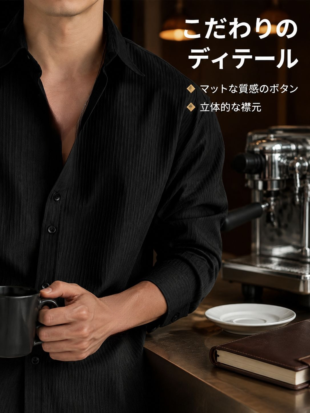 メンズカジュアル黒長袖シャツ