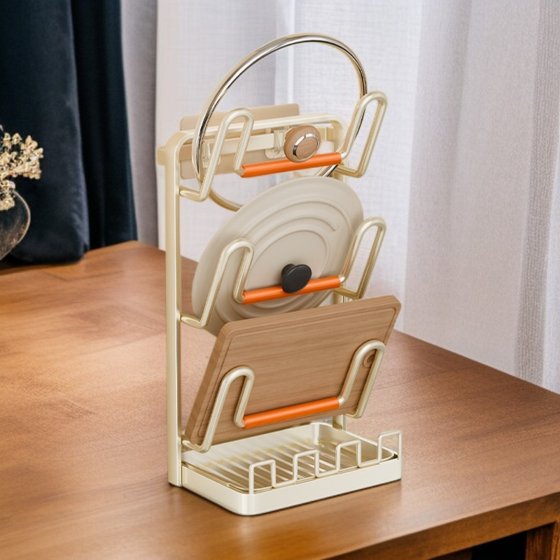 لوح تقطيع مع رف تخزين لأغطية القدور من البلاستيك المتين