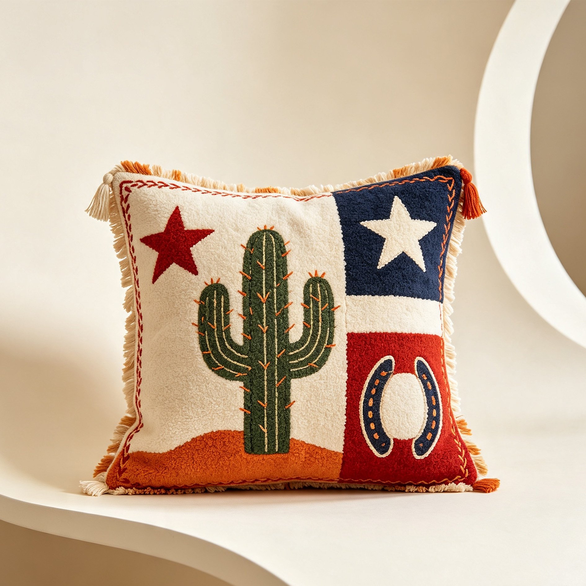 Western Cactus Horseshoe Embroidered Pillow