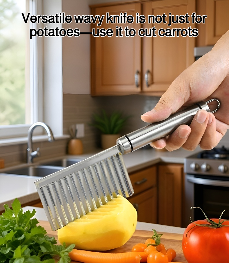Hand holding wavy knife slicing potatoes