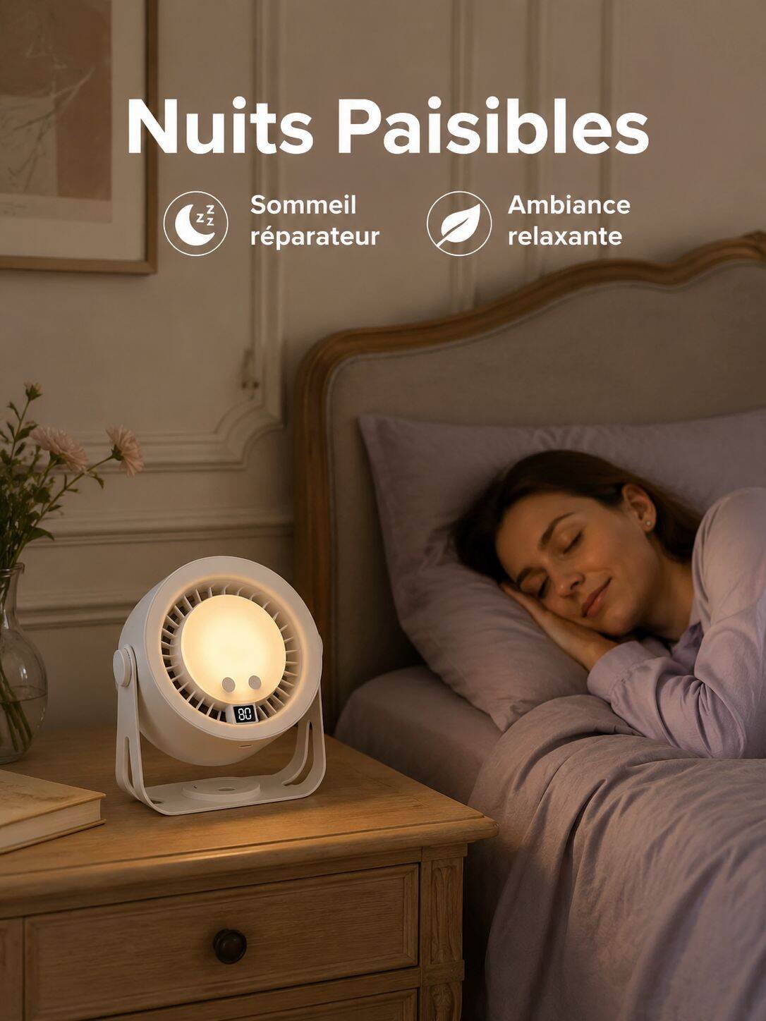 Ventilateur de bureau 2-en-1 avec lampe de nuit, télécommande, USB rechargeable pour la maison