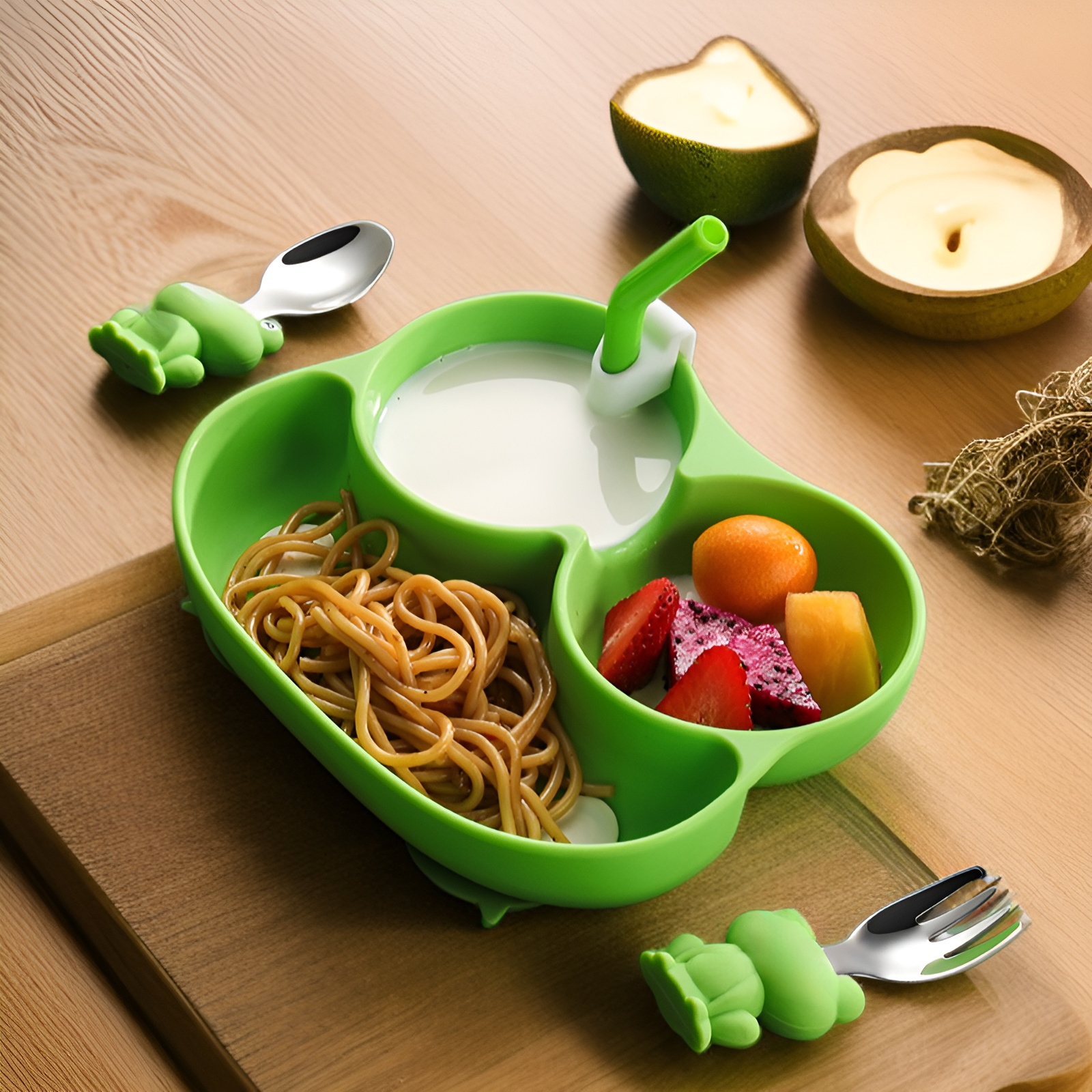 아기 식사 시간에 사용되는 만화 접시