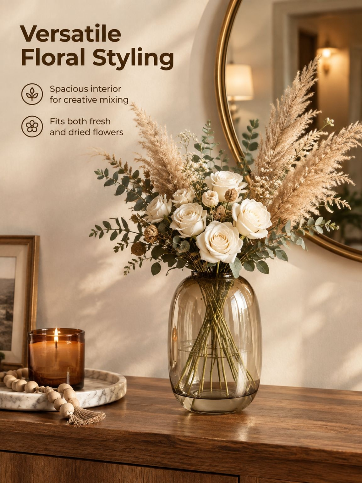 Decorative glass floor vase in a bright entryway
