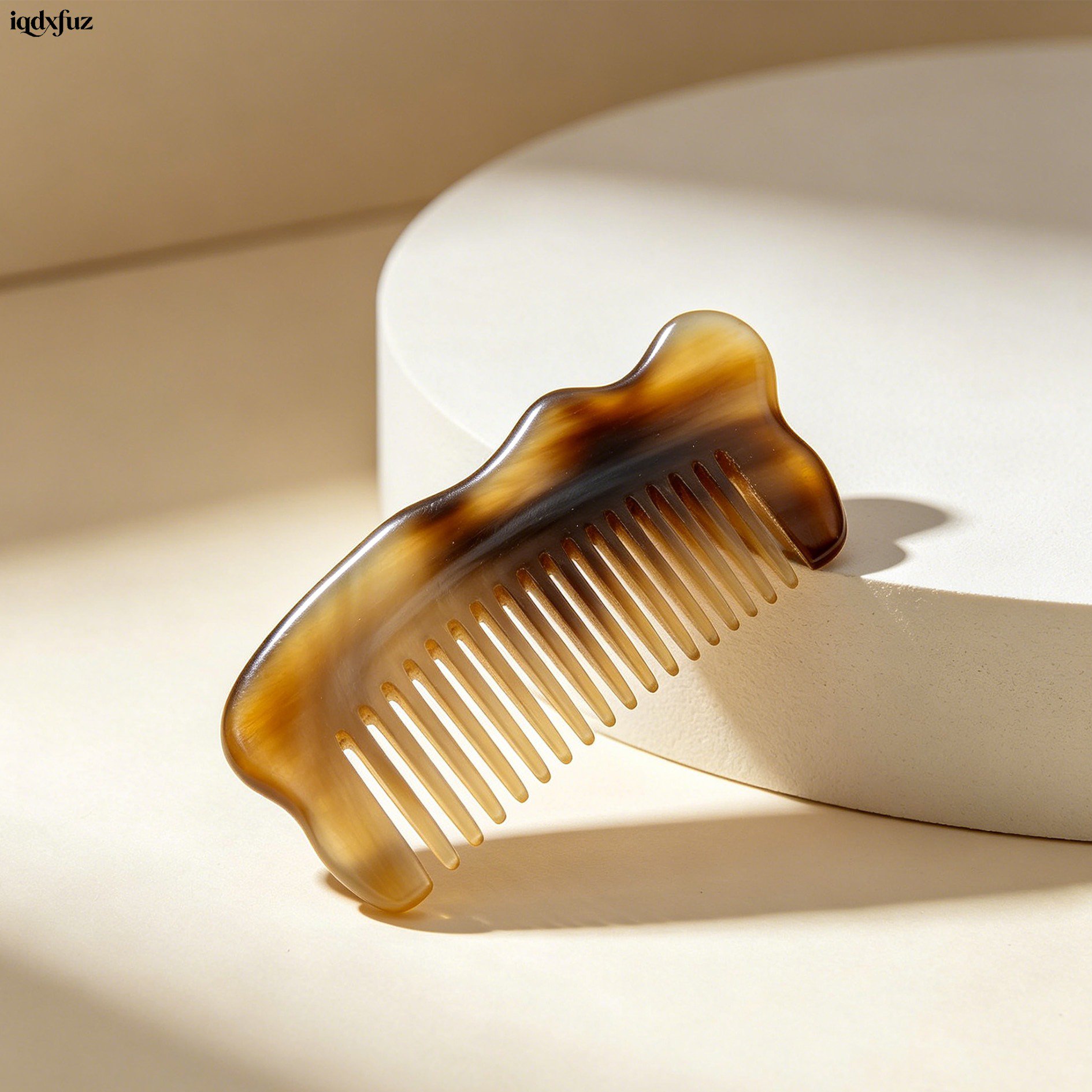 Set of 6 small horn combs arranged on a wooden table