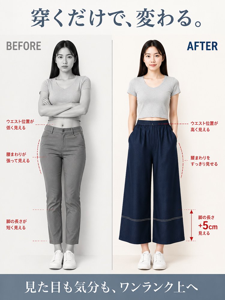 レディース細見え8分丈ワイドパンツ
