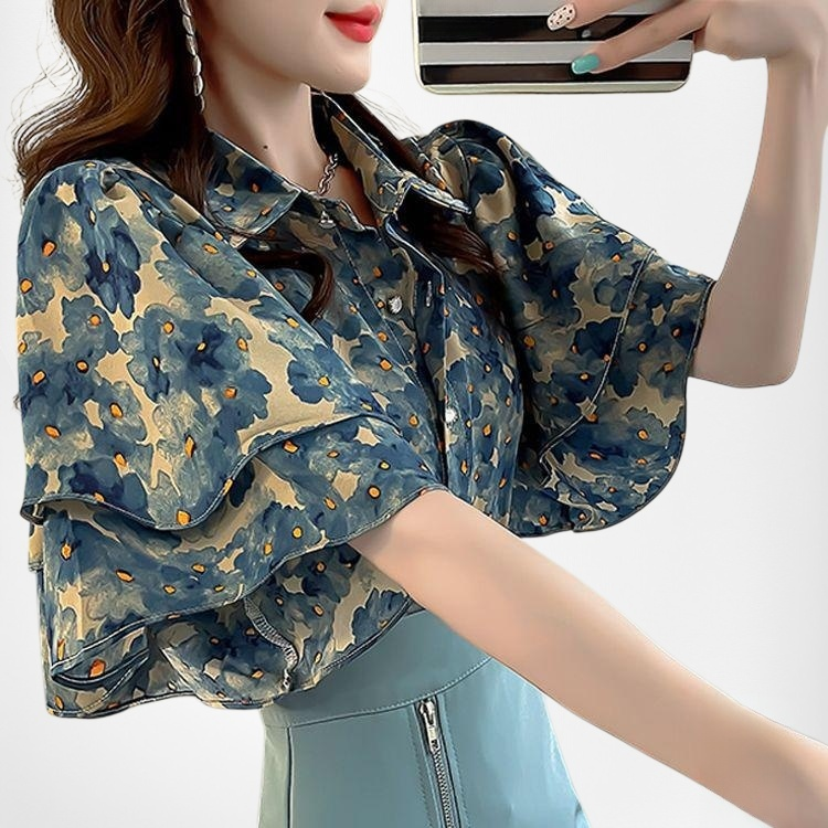 เสื้อผู้หญิงแขนสั้นลายดอกไม้ สไตล์หวาน สีฟ้า ดีไซน์ระบาย เหมาะสำหรับหน้าร้อน