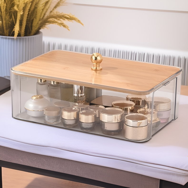 竹製透明收納盒帶蓋，臥室客廳桌面收納防塵