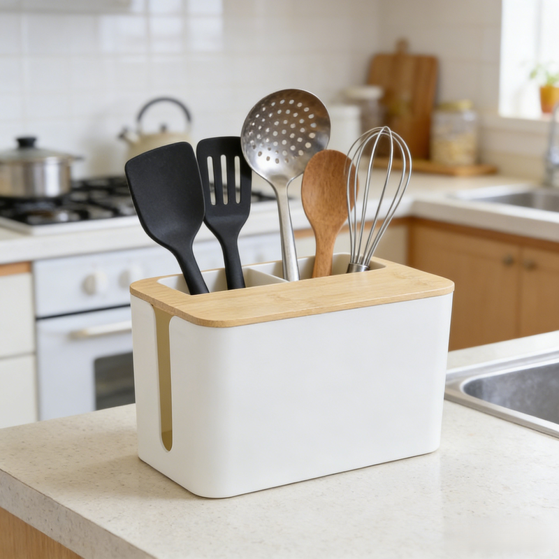 กล่องจัดระเบียบสายไฟฝาไม้ไผ่ สำหรับวางบนโต๊ะ