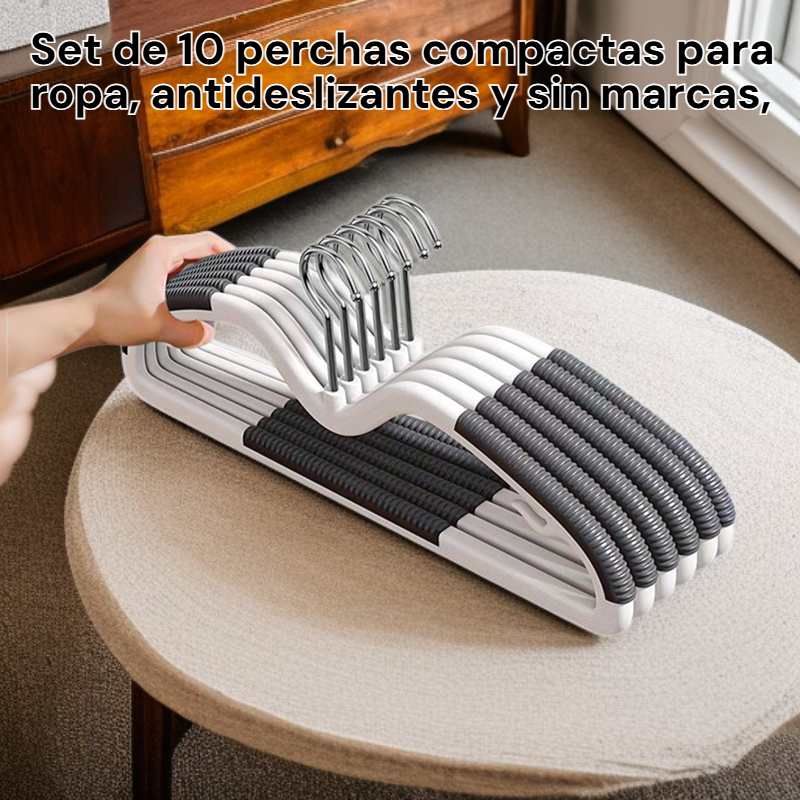 Set de 10 perchas compactas para ropa, antideslizantes y sin marcas, ahorra espacio