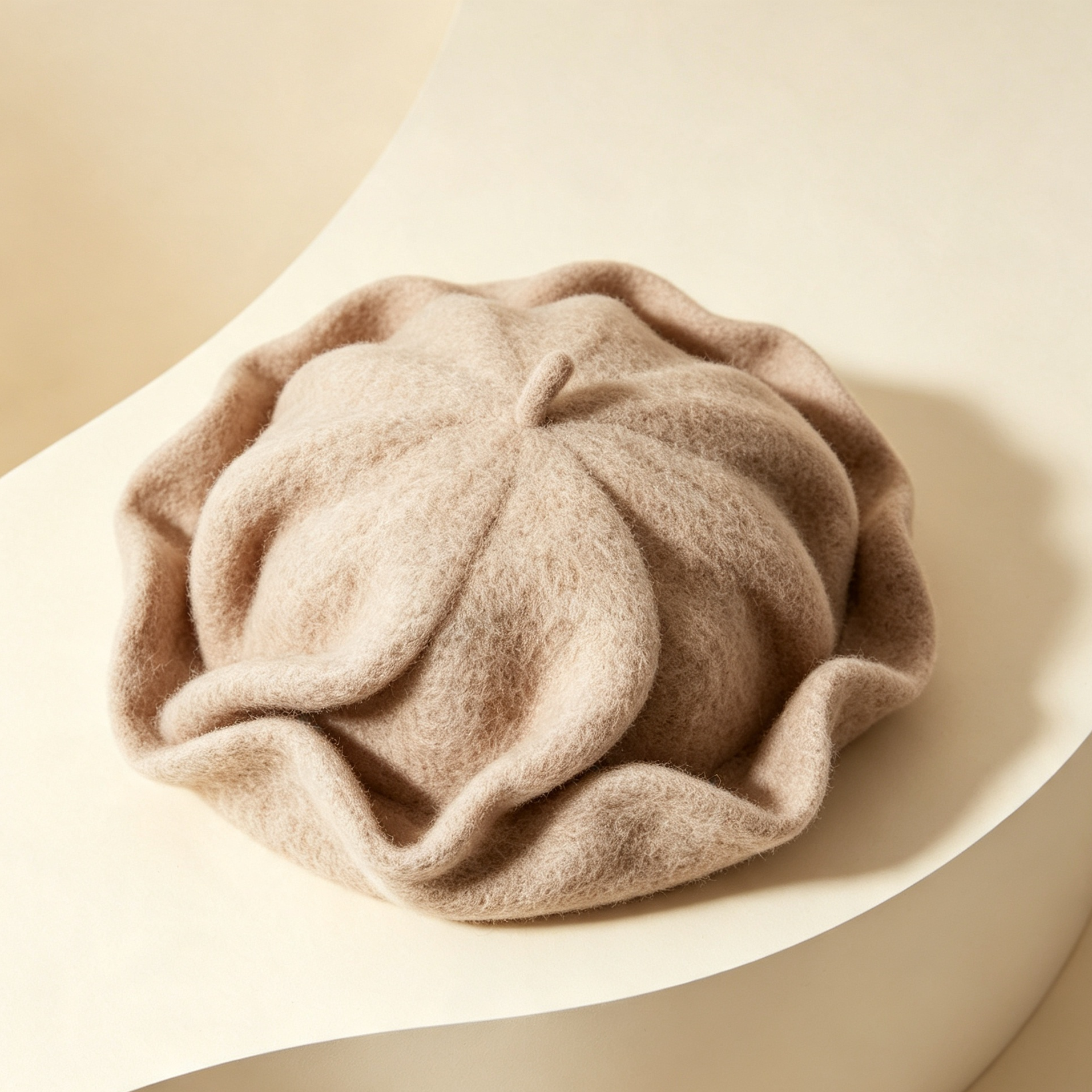 Set of three cozy cloud berets displayed on a table