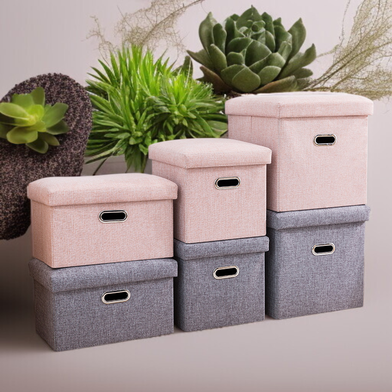 Home Large Capacity Foldable Imitation Linen Storage Stool with Handle