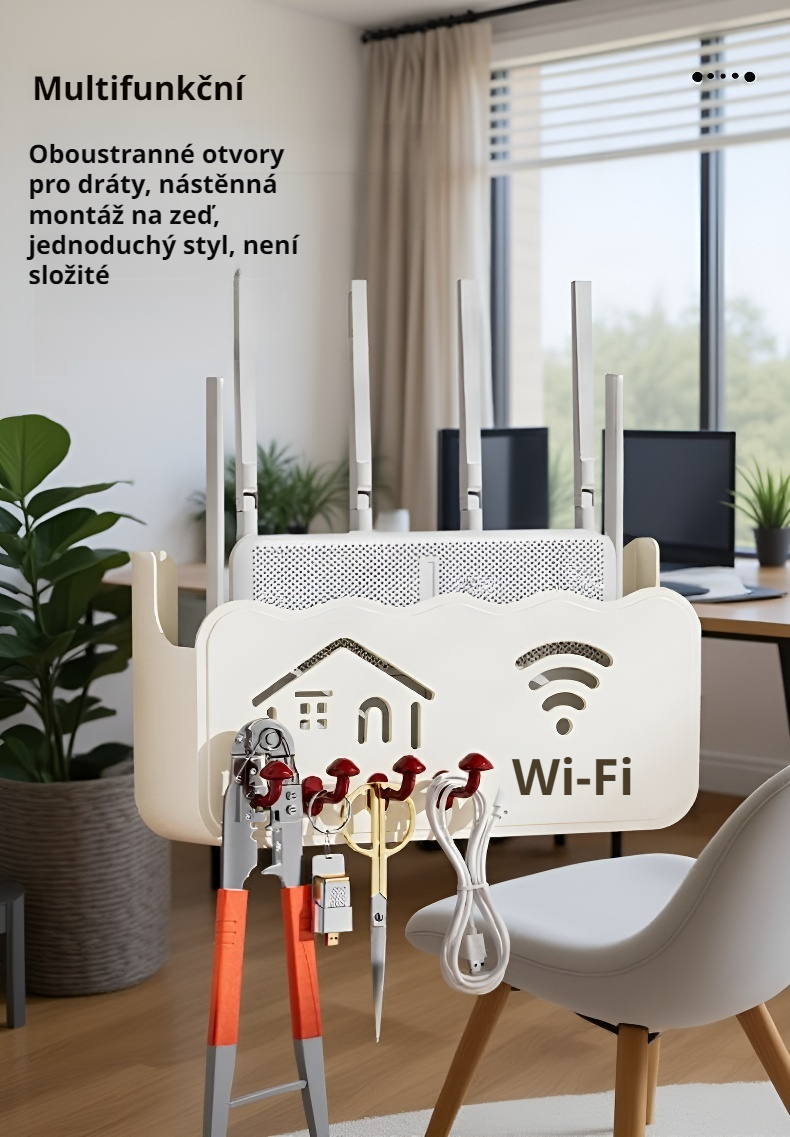 Nástěnný úložný box na router v moderním interiéru