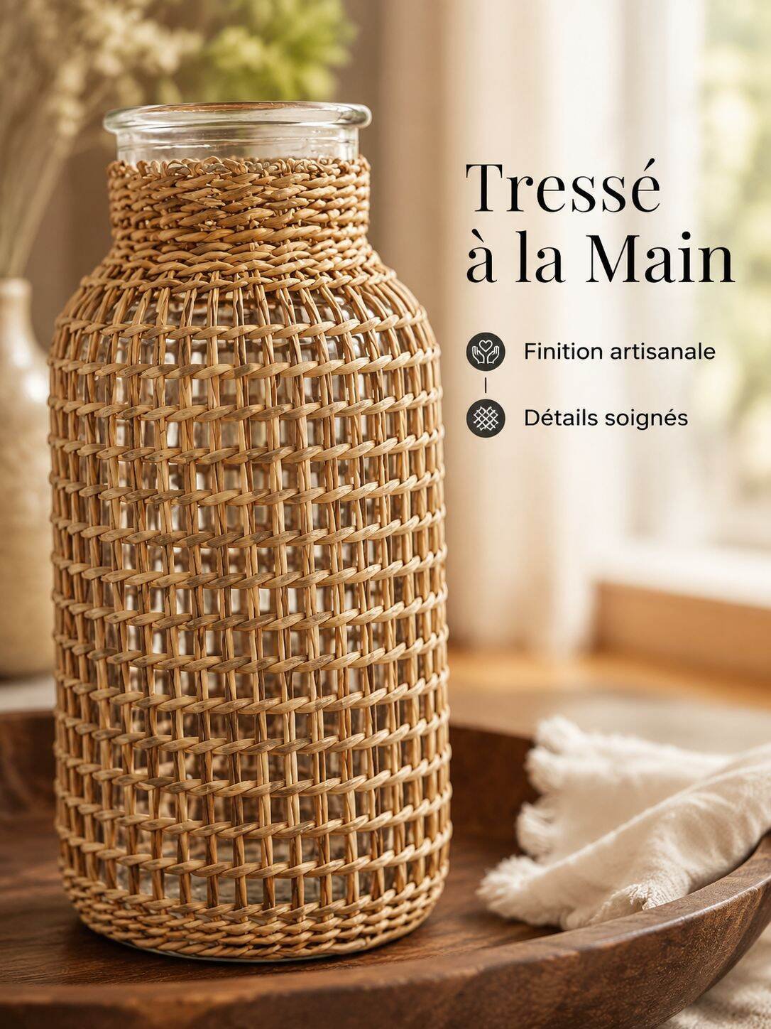 Vase en verre tressé à la main, récipient décoratif pour fleurs séchées