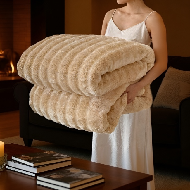 사용자가 다기능 토끼털 담요를 감싸고 있는 모습