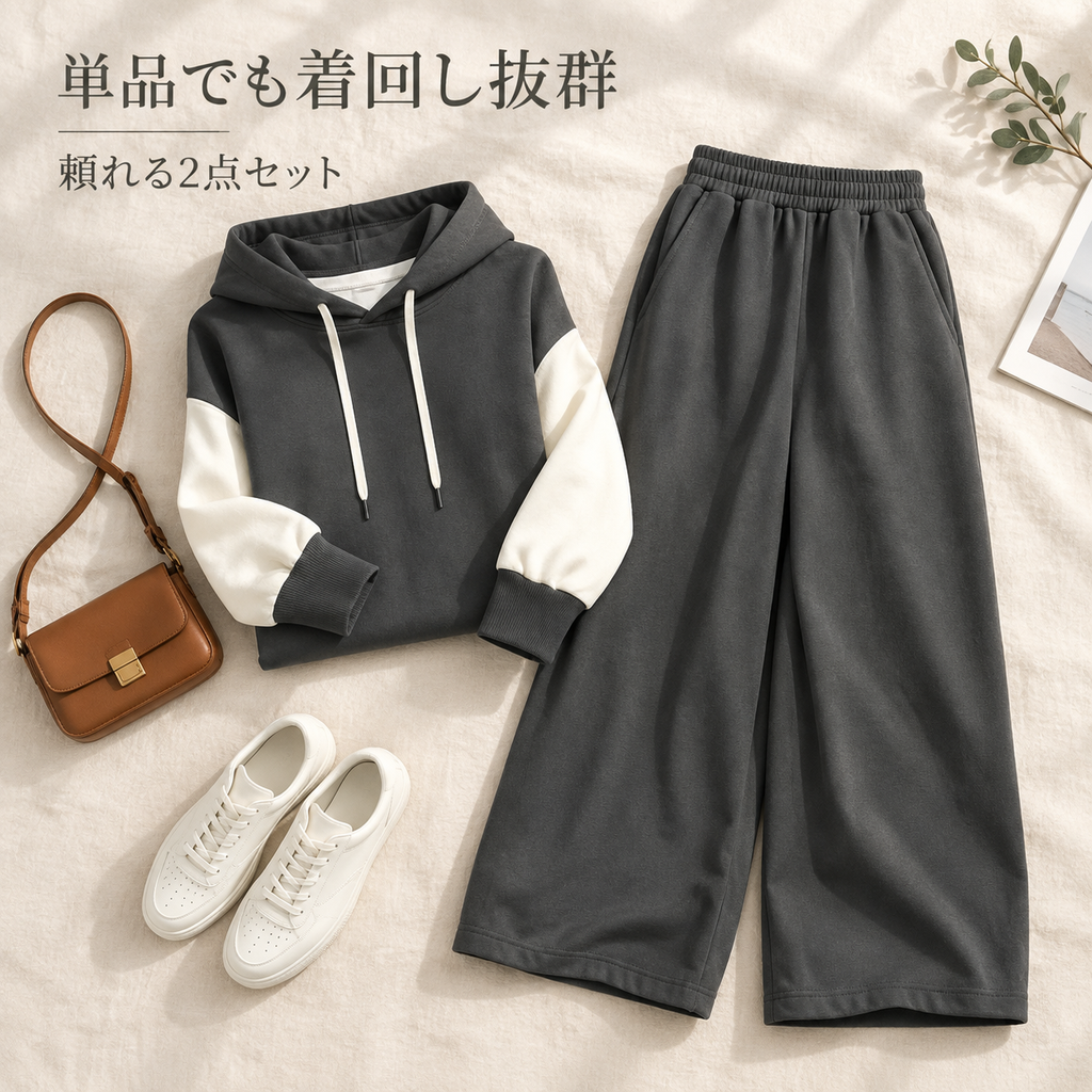 春秋冬新作 日系フード付き配色長袖トップス ワイドパンツ2点セット
