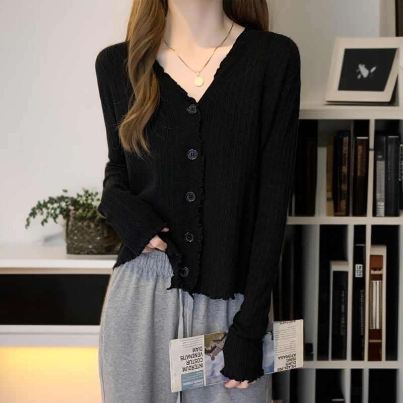 レディース ニット カーディガン ジャケット Vネック 長袖 トップス ニット カーディガン ジャケット レディース 木耳 エッジ スリム 大きいサイズ 長袖 トップス