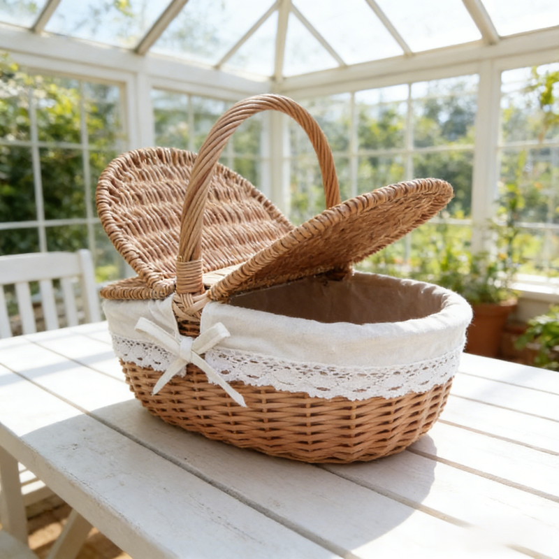 Landhaus-Rattan-Korb mit Deckel, Aufbewahrungskorb, Picknickkorb