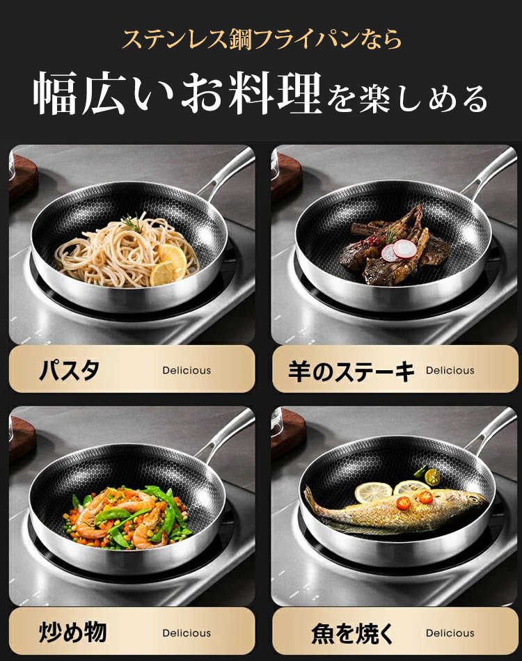 ハニカム構造で焦げ付かないステンレスフライパン|SGマーク取得・有害物質ゼロ|熱伝導率7.5倍・光熱費節約・耐久50年✨