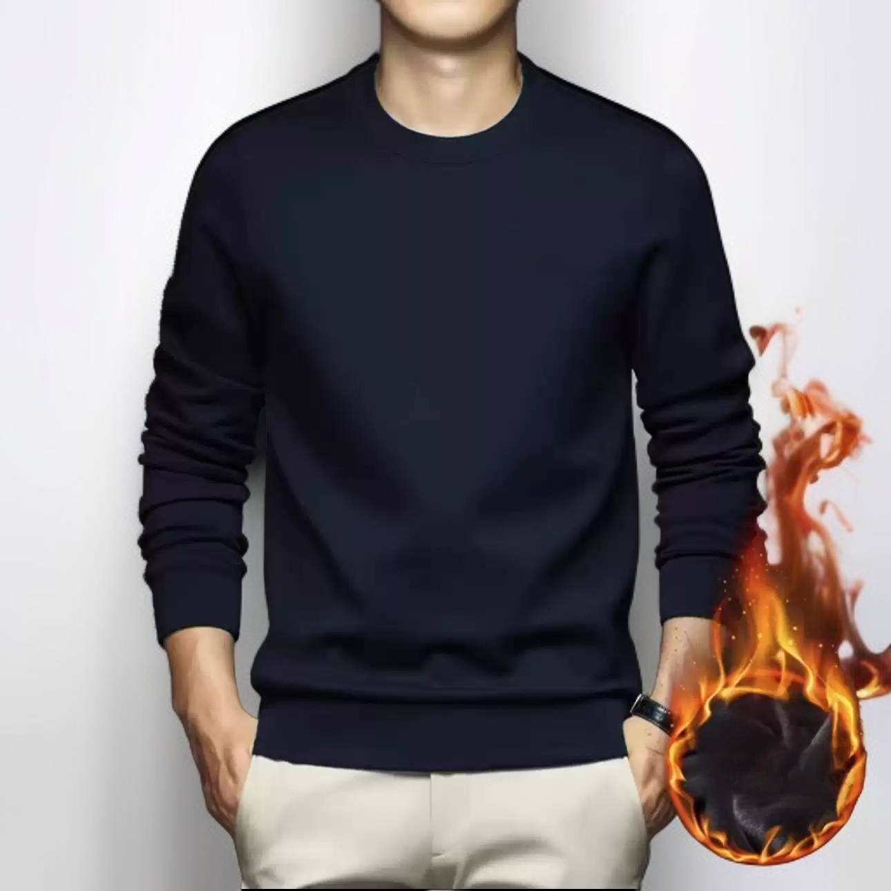 メンズ カジュアル クルーネック フリース裏地 長袖Tシャツ