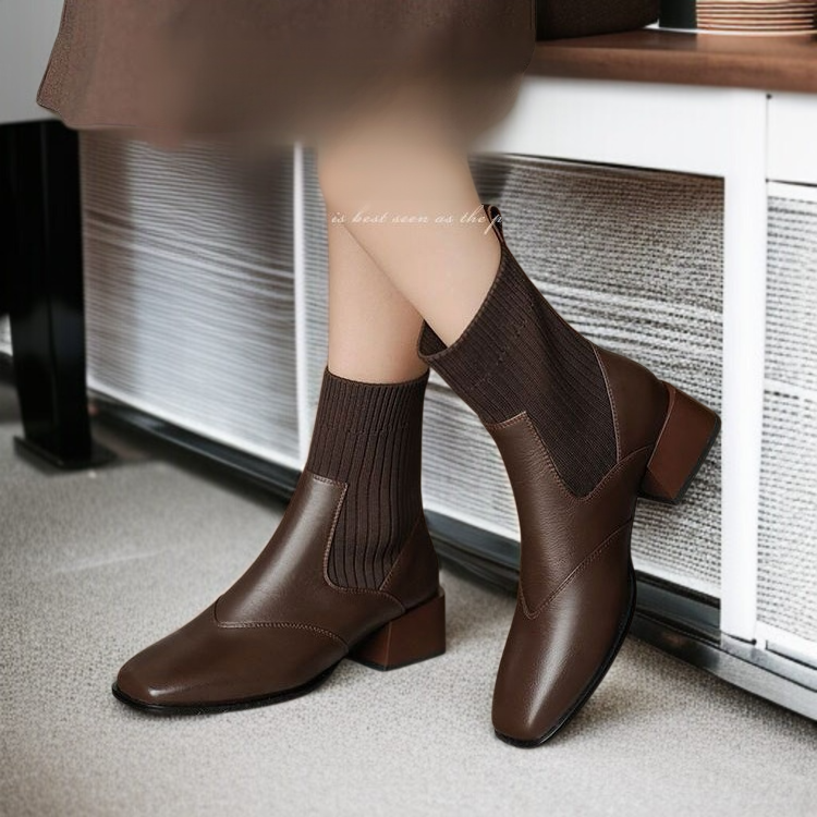 マーティンブーツチェルシーブーツハイレトロチャンキーヒールスキニーブーツブラウンウーンスクエアつま先シングル綿オプションニットストレッチ