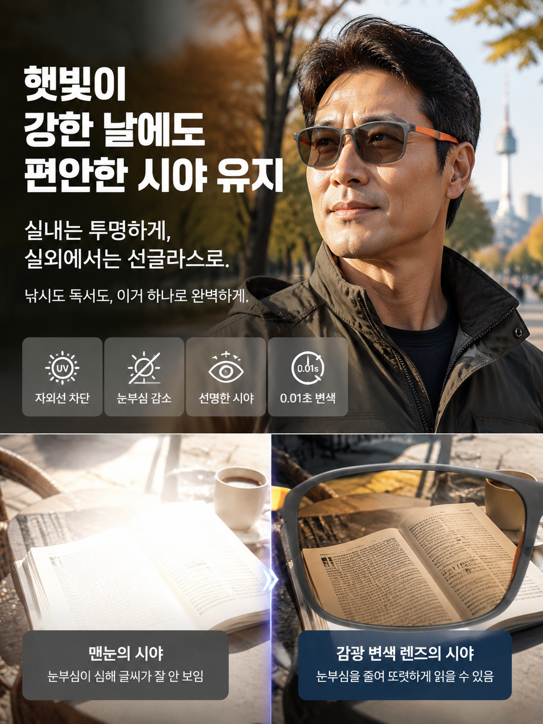 독일 기술로 완성한 다초점 안경, 복잡한 시력 검사나 맞춤 제작 없이도 1000도 이내라면 누구나 즉시 착용 가능하며, 개인의 시력에 맞게 초점이 스스로 조절됩니다!
