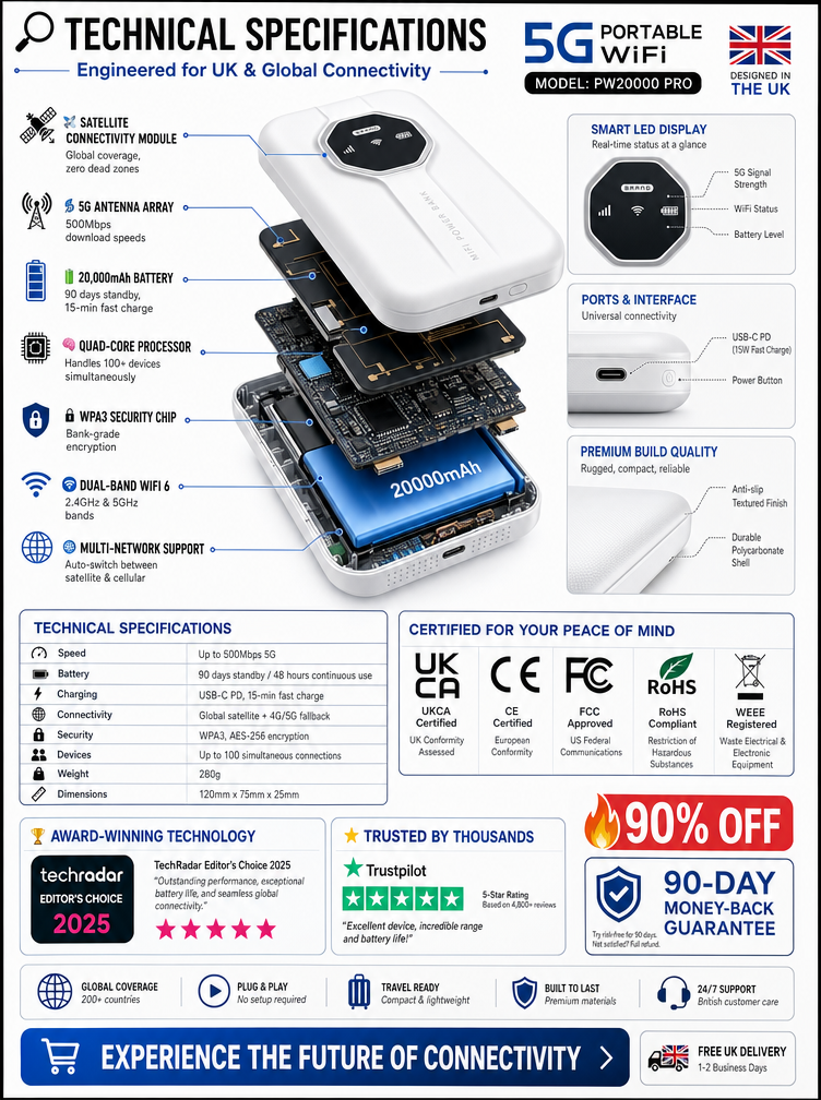 Boundless portable Wi-Fi technical specification graphic and device diagram