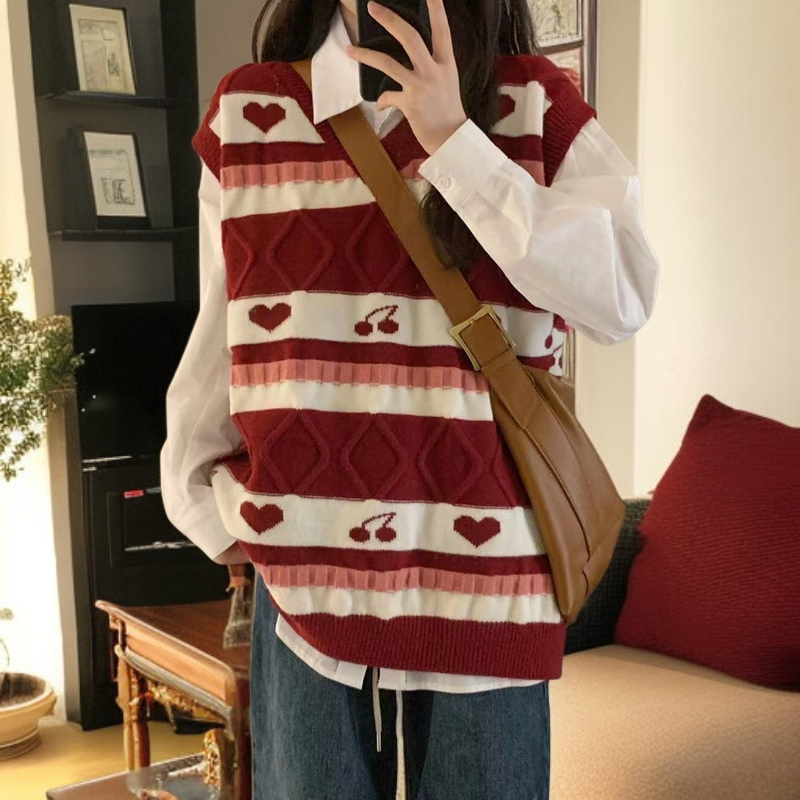女子学生ニット・ジャンパー ストライプVネックセーター チェリー・ジャカード・クラッシング・セーター 女性学生ニットベストセーター