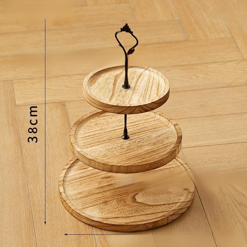 Présentoir à desserts rond à deux niveaux en bois