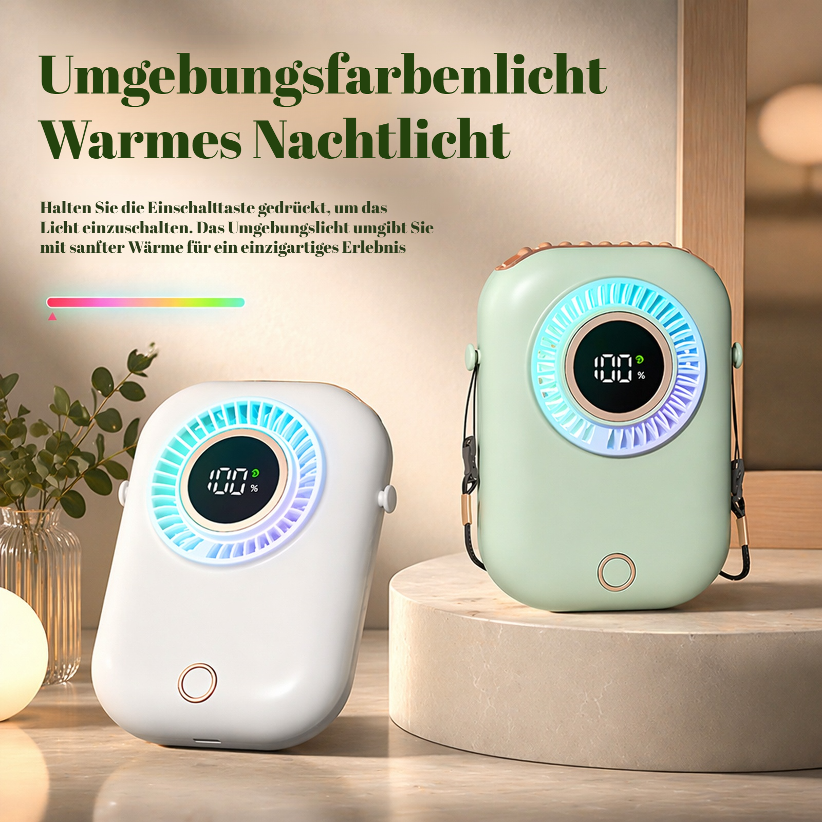 Intelligenter Mini-Nackenventilator mit digitaler Anzeige und siebenfarbiger Ambientebeleuchtung