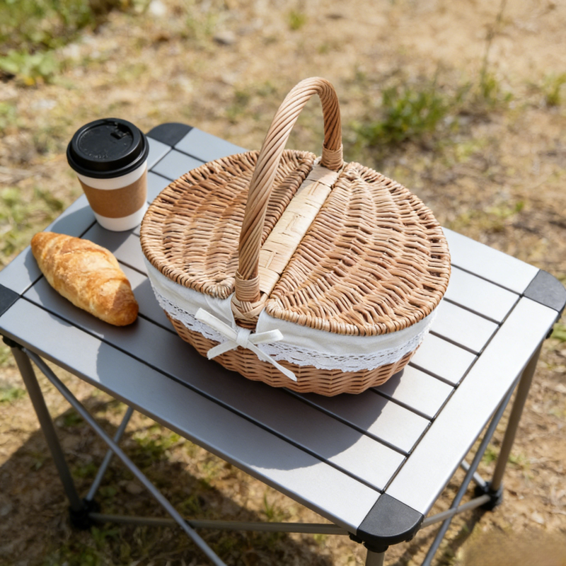 Landhaus-Rattan-Korb mit Deckel, Aufbewahrungskorb, Picknickkorb