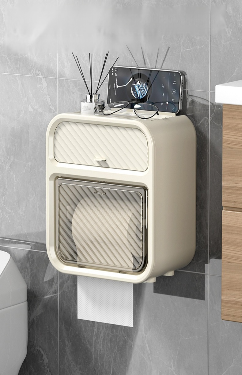 Punch-free wall-mounted toilet paper box in modern bathroom